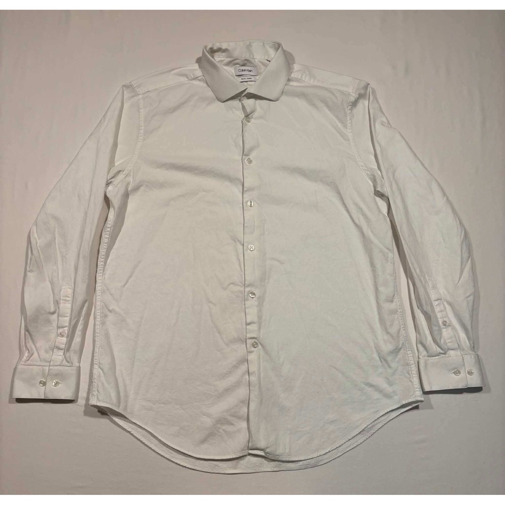 Calvin Klein Mens White Slim Fit Stretch Dress Shirt 17 34/35 XL Textured Button